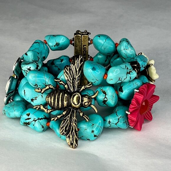 Lucky brand Turquoise Stone Chunky Bracelet With Bee & Flower Accents boho - Picture 1 of 8